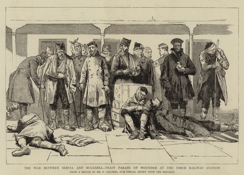 Der Krieg zwischen Serbien und Bulgarien, Zugparade der Verwundeten am Bahnhof Nisch von Frederic Villiers