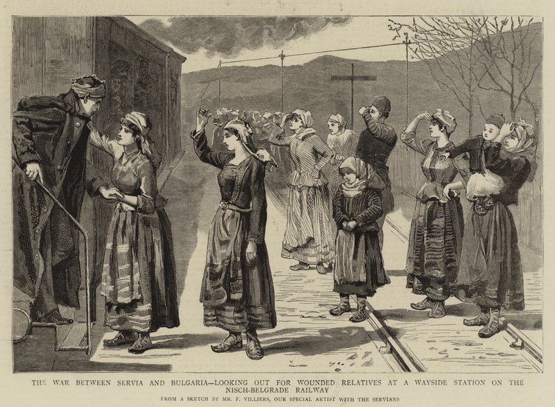 Der Krieg zwischen Serbien und Bulgarien, Ausschau nach verwundeten Verwandten an einer Bahnstation der Nisch-Belgrad-Eisenbahn von Frederic Villiers