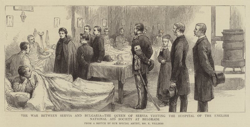 Der Krieg zwischen Serbien und Bulgarien, die Königin von Serbien besucht das Krankenhaus der Englischen Nationalen Hilfsgesellschaft in Belgrad von Frederic Villiers