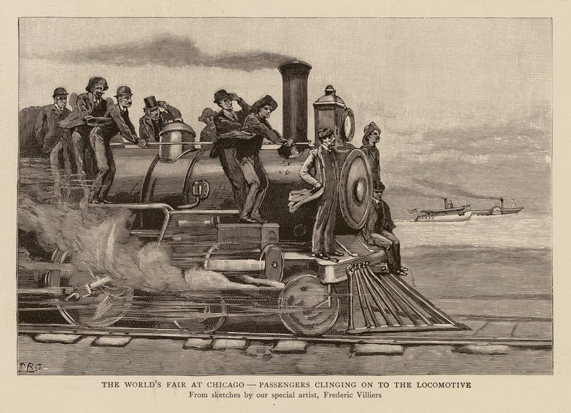 Passagiere klammern sich an die Lokomotive bei der Weltausstellung in Chicago von Frederic (after) Villiers