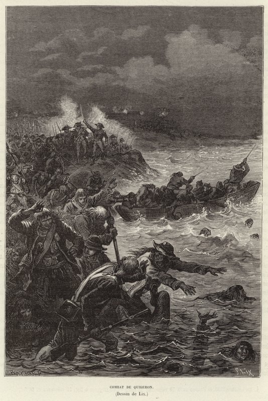 Kampf von Quiberon. Unterstützer der Chouannerie und des Vendée-Aufstands versuchen, den republikanischen Kräften in Quiberon, Frankreich, Französische Revolution zu entkommen von Frederic Theodore Lix