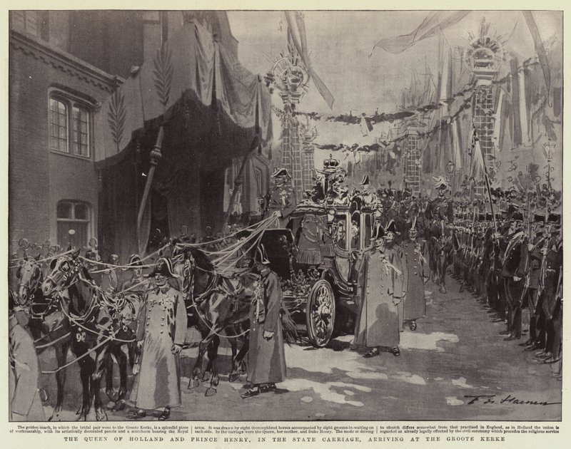 Die Königin von Holland und Prinz Heinrich im Staatswagen, Ankunft an der Groote Kerke von Frederic de Haenen