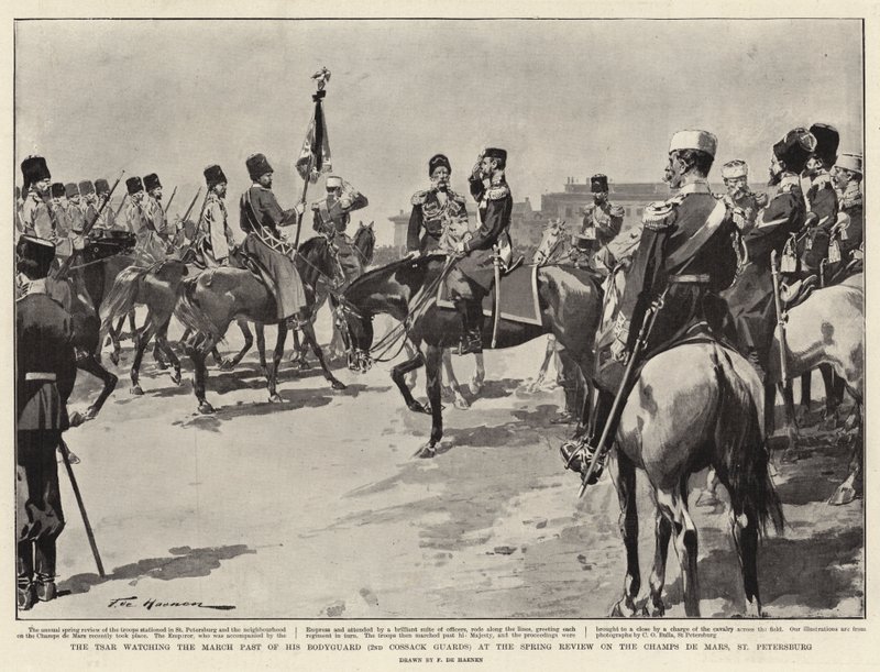 Der Zar beobachtet den Vorbeimarsch seiner Leibgarde (2. Kosaken-Garde) bei der Frühjahrsparade auf dem Marsfeld, St. Petersburg von Frederic de Haenen