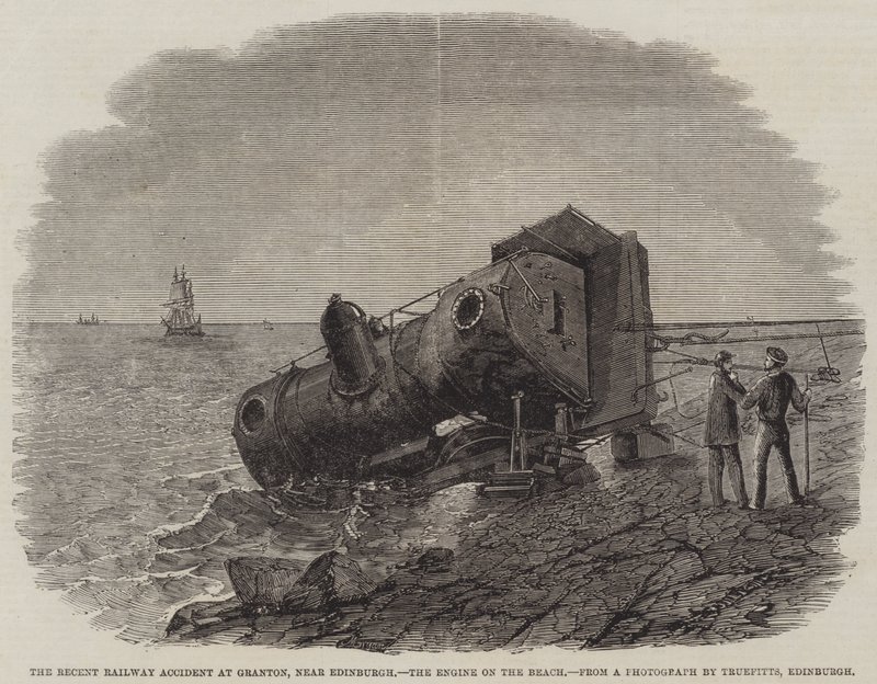 Der kürzliche Eisenbahnunfall bei Granton, nahe Edinburgh, die Lokomotive am Strand von Frederick Morgan
