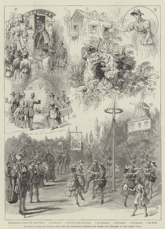 Al Fresco Fayre und Blumenfest, für das Grosvenor Hospital für Frauen und Kinder, in der Albert Hall von Frederick George Kitton