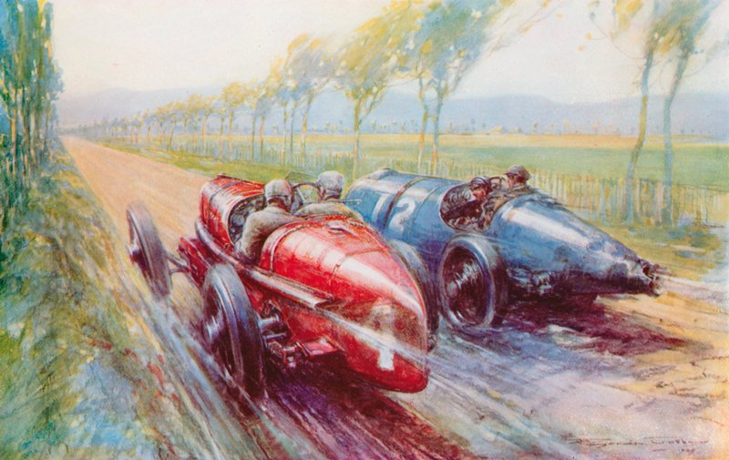 Felice Nazzaro gewann den Grand Prix 1922 und fuhr einen der neuen und sehr schnellen Fiats (Farblitho) von Frederick Gordon (after) Crosby