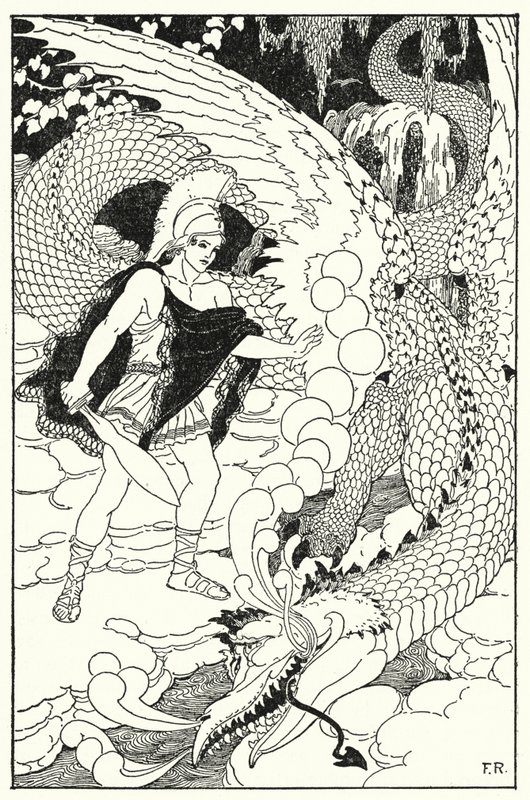 Als der Drache Cadmus erblickte, stieß er ein weiteres abscheuliches Zischen aus von Frederick Richardson