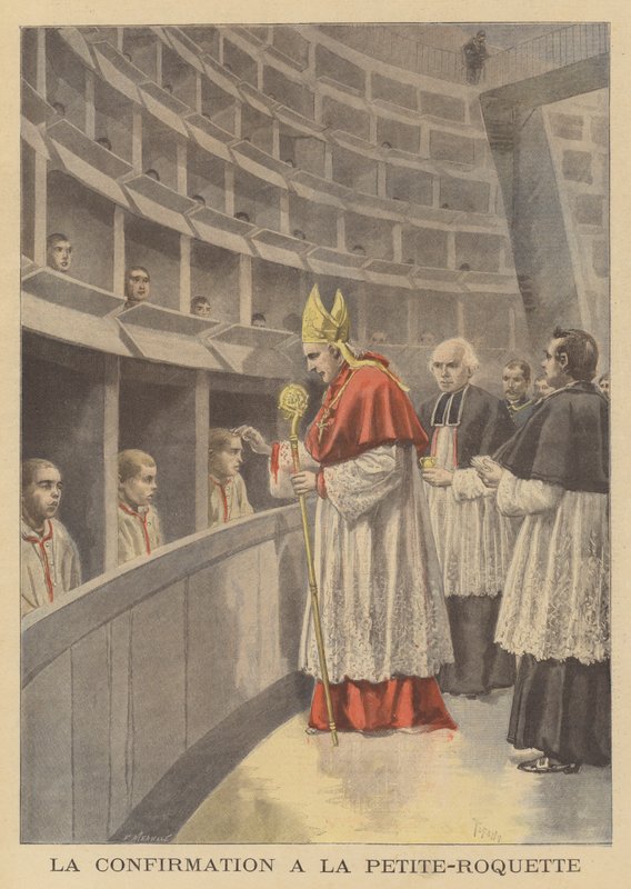 Firmung von Jungen im Gefängnis La Petite Roquette durch Kardinal Richard, Erzbischof von Paris von French School