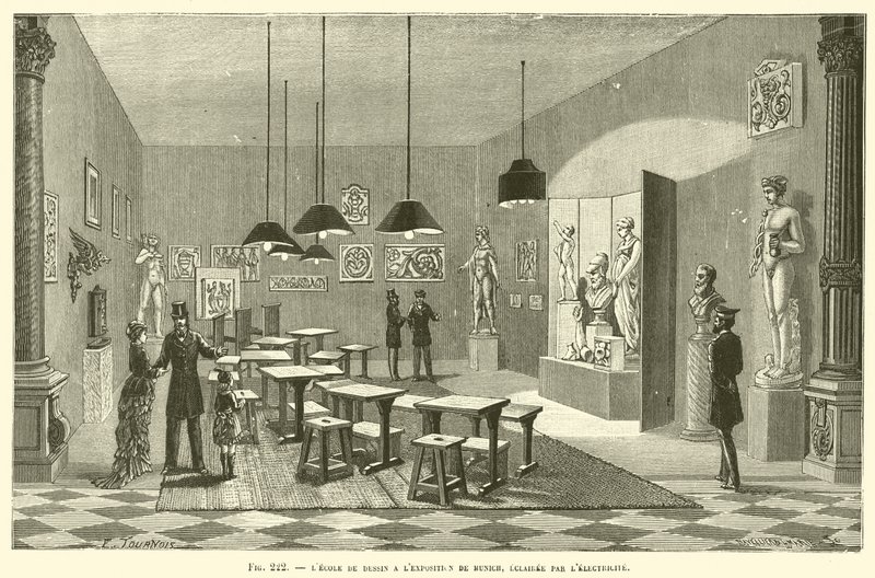 Die Zeichenschule auf der Münchner Ausstellung, beleuchtet von Elektrizität von French School