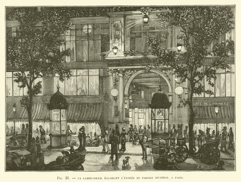 Die Sonnenlampe beleuchtet den Eingang des Passage Jouffroy in Paris von French School
