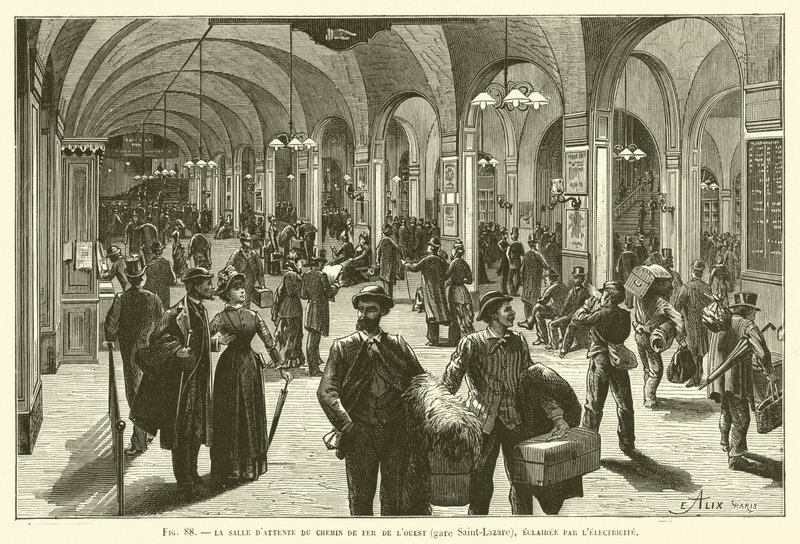 Der Wartesaal der Westbahn (Gare Saint-Lazare), beleuchtet durch Elektrizität von French School