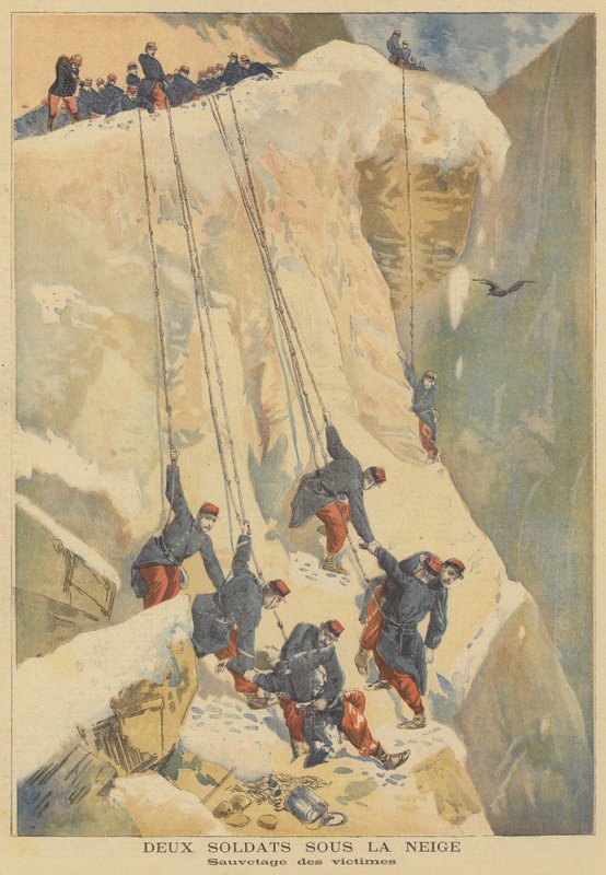 Rettung von zwei französischen Soldaten, die von einer Lawine in den Alpen verschüttet wurden von French School