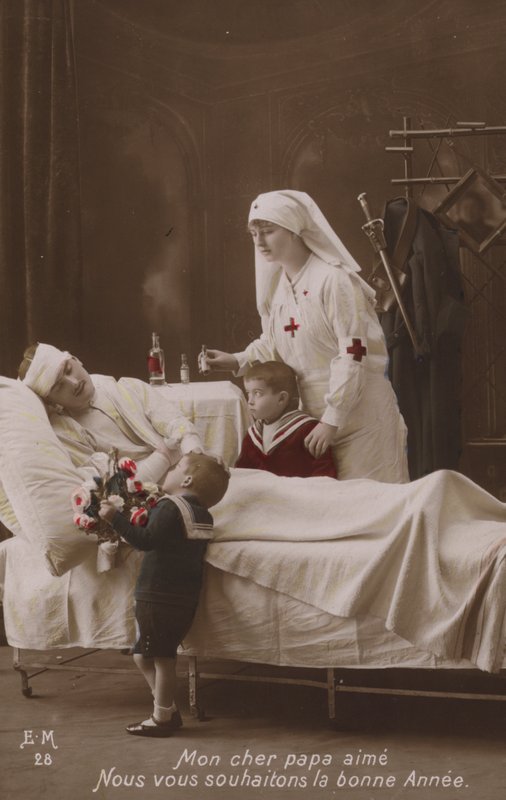Kinder wünschen ihrem verletzten Vater ein frohes neues Jahr, Erster Weltkrieg von French Photographer