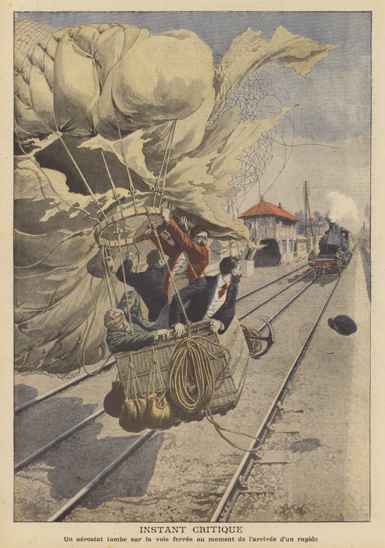Ein Ballon landet auf einer Eisenbahnlinie vor einem herannahenden Schnellzug von French School