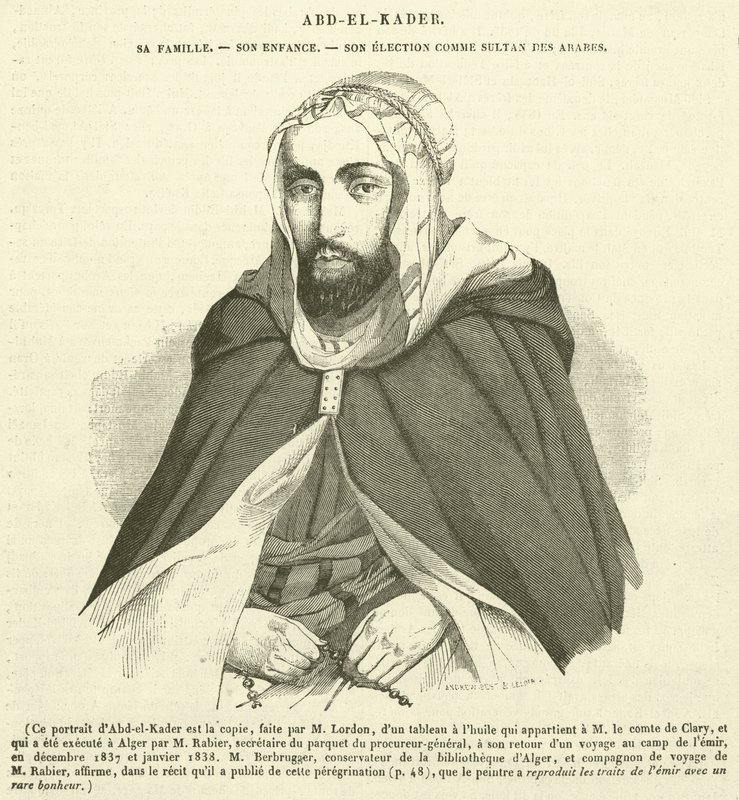 Abd-el-Kader, seine Familie, seine Kindheit, seine Wahl zum Sultan der Araber (Gravur) von French School