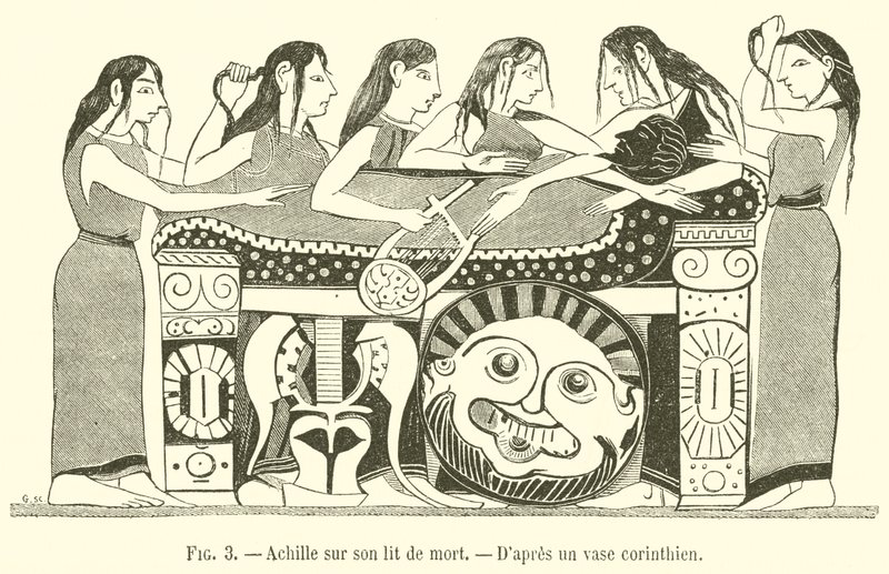 Achilles auf seinem Sterbebett (Gravur) von French School
