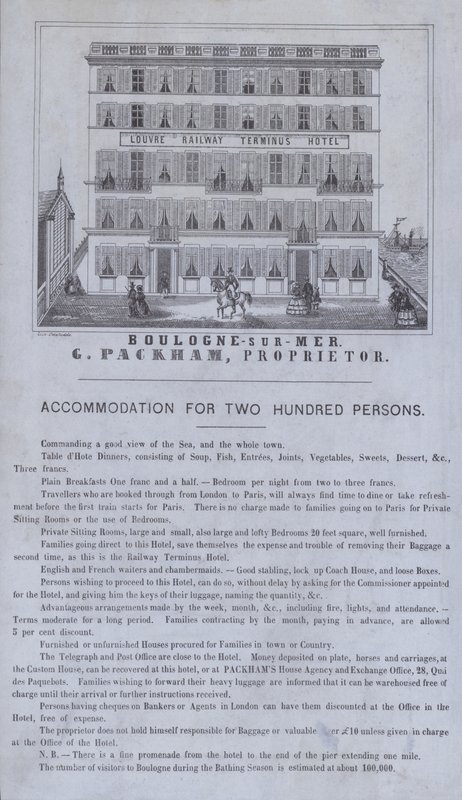 Werbung für das Louvre Railway Terminus Hotel, Boulogne-sur-Mer, Frankreich von French School