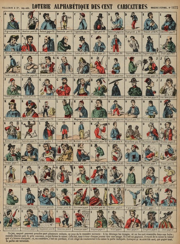 Alphabetische Lotterie von hundert Karikaturen von French School