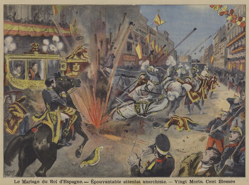 Anarchistischer Bombenanschlag auf die Hochzeitsprozession von König Alfons XIII. und Königin Victoria Eugenie von Battenberg in Madrid von French School