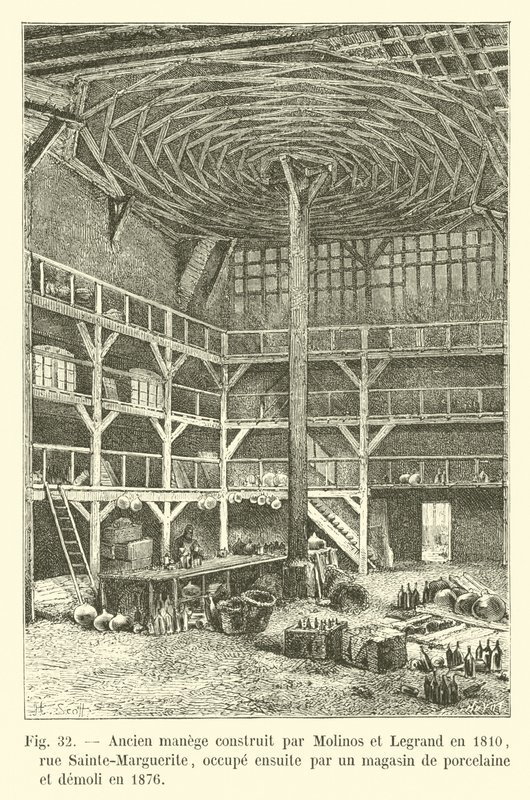 Ehemalige Reithalle, erbaut von Molinos und Legrand im Jahr 1810, Rue Sainte-Marguerite, später von einem Porzellangeschäft genutzt und 1876 abgerissen von French School
