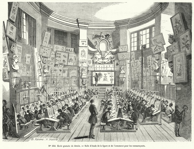 Anfängerkurs in einer freien Zeichenschule, Frankreich (Gravur) von French School