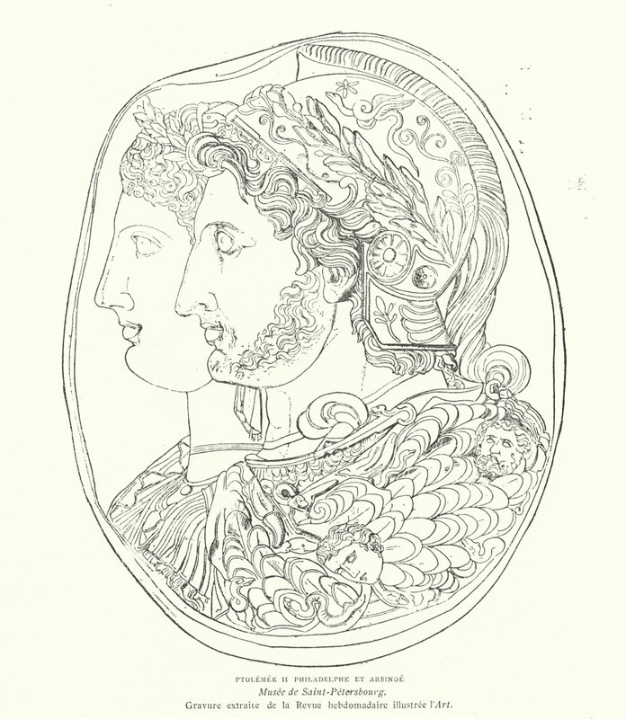 Kamee des altägyptischen Pharaos Ptolemaios Philadelphos und seiner Frau Arsinoe, 3. Jahrhundert v. Chr. (Gravur) von French School