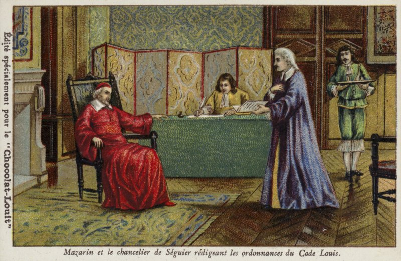 Kardinal Mazarin und Kanzler Seguier entwerfen die Verordnungen des Code Louis von French School