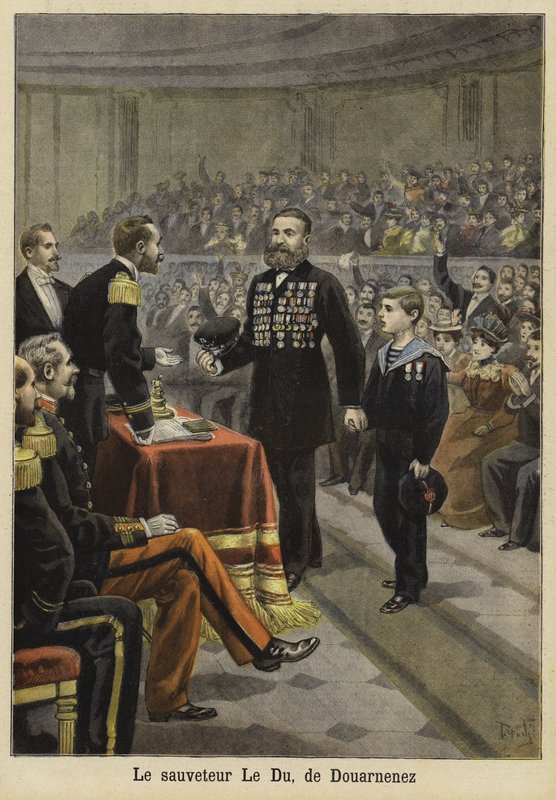 Zeremonie zu Ehren von Herrn Le Du, einem Retter aus Douarnenez, Bretagne, 1897 von French School