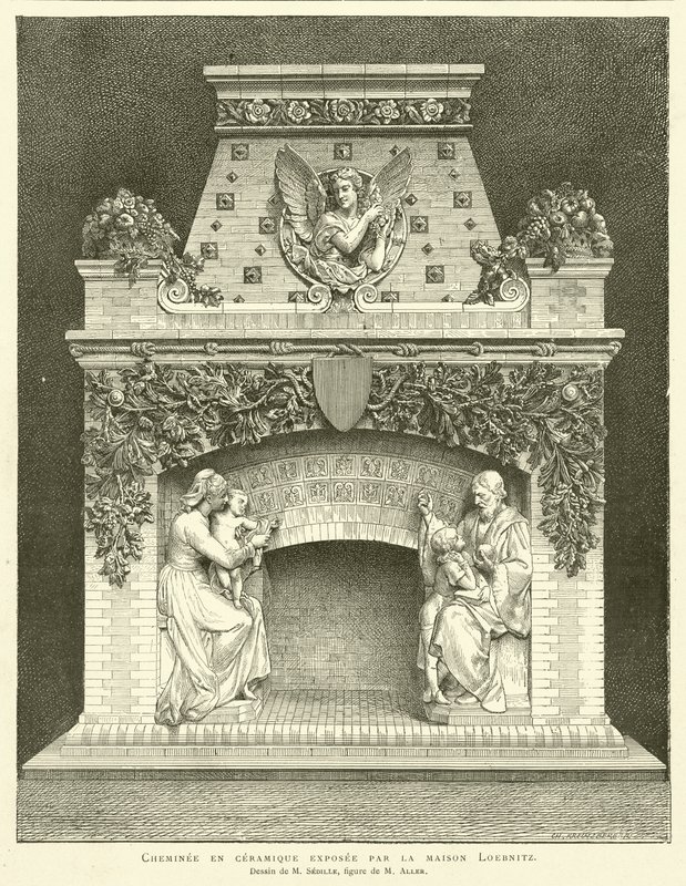 Keramikkamin ausgestellt von der Firma Loebnitz, Zeichnung von M. Sedille, Figur von M. Aller (Gravur) von French School