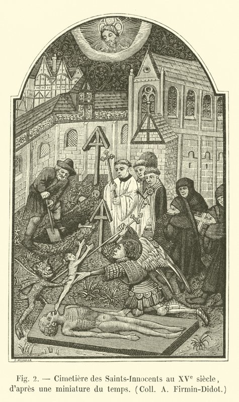 Friedhof der Unschuldigen im 15. Jahrhundert, nach einer zeitgenössischen Miniatur, Sammlung A. Firmin-Didot von French School