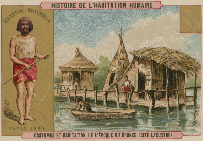 Kostüme und Pfahlbauten der Bronzezeit (Chromolithografie) von French School