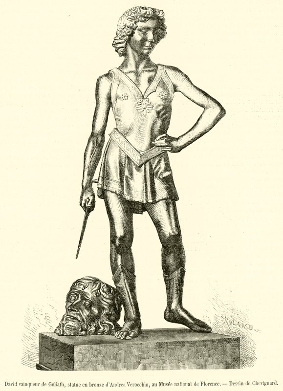 David, Sieger über Goliath, Bronzestatue von Andrea Verocchio, im Nationalmuseum von Florenz (Stich) von French School