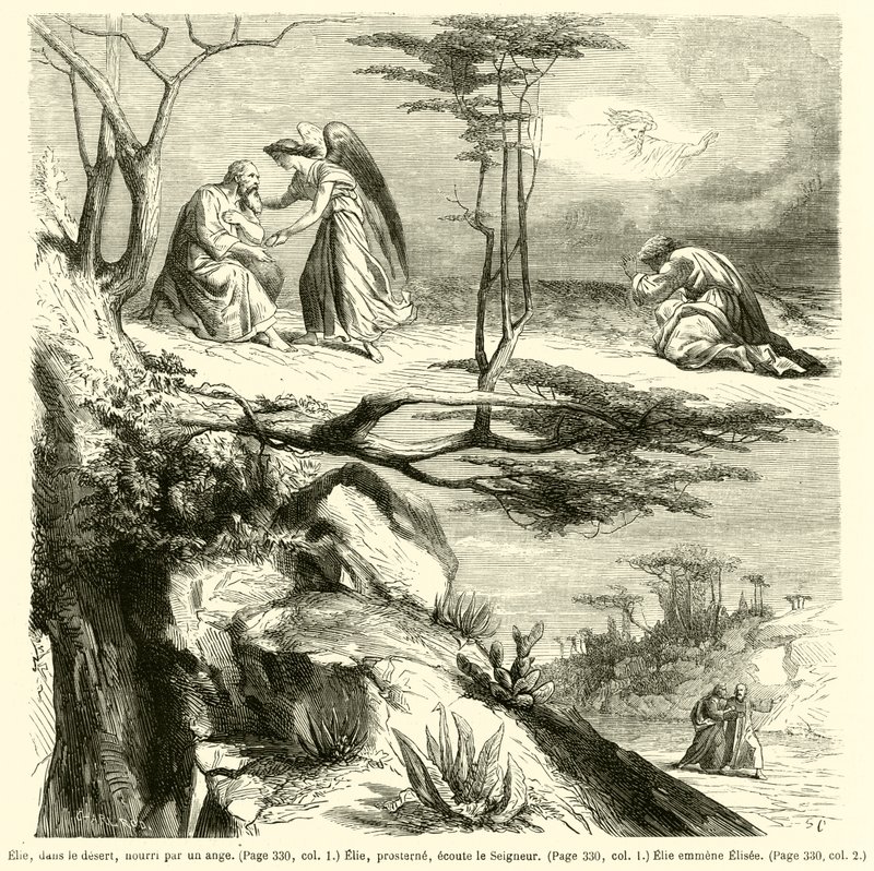 Elia in der Wüste, von einem Engel genährt, Elia, niedergeworfen, hört den Herrn, Elia nimmt Elisa mit von French School
