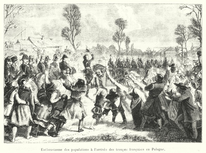 Begeisterung der Bevölkerung bei der Ankunft der französischen Truppen in Polen (Gravur) von French School