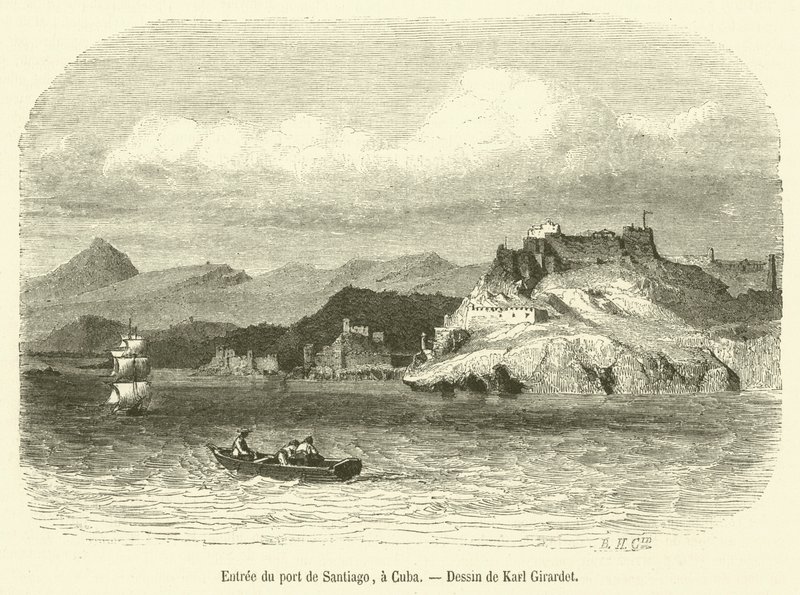 Eingang zum Hafen von Santiago, in Kuba (Gravur) von French School