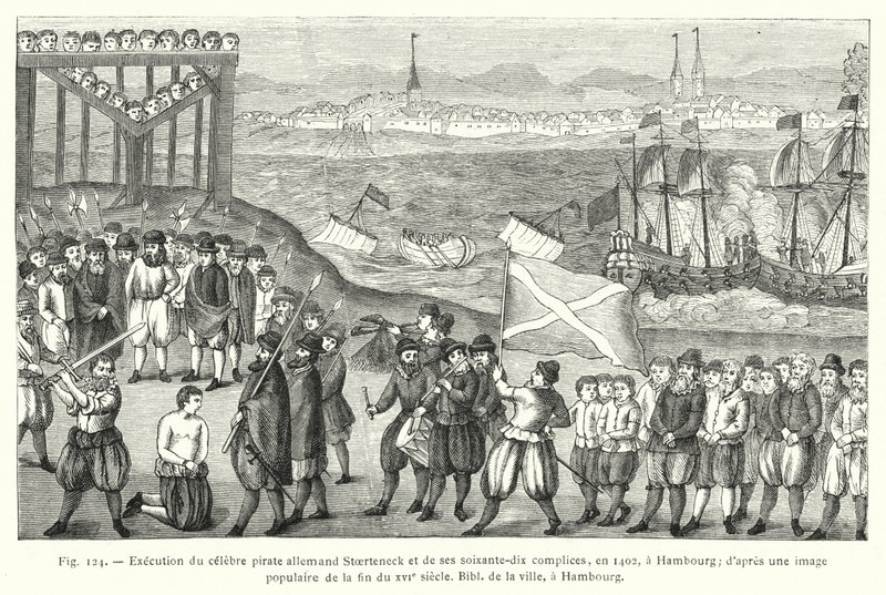 Hinrichtung des berühmten deutschen Piraten Stoerteneck und seiner siebzig Komplizen, 1402 in Hamburg; nach einem populären Bild aus dem späten 16. Jahrhundert, Bibliothek der Stadt Hamburg (Gravur) von French School