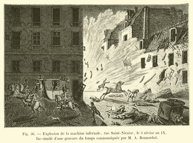 Explosion der Höllenmaschine, Rue Saint-Nicaise, am 3. Nivôse Jahr IX, Faksimile einer zeitgenössischen Gravur, mitgeteilt von M A Bonnardot von French School