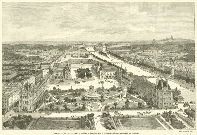 Ausstellung von 1889, Ansicht des Place du Carrousel mit dem geplanten Garten auf dem Gelände der Tuilerien von French School