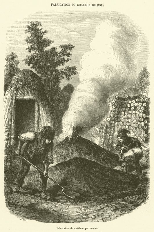 Herstellung von Holzkohle durch Meiler von French School