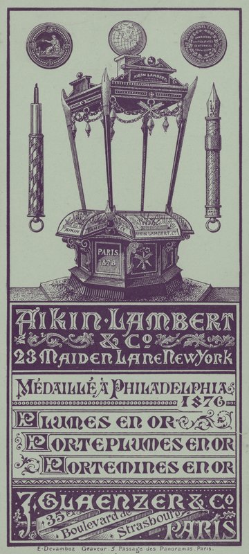 Französische Werbekarte für Aikin Lambert Stifte, Stifthalter und Druckbleistifte (Lithografie) von French School