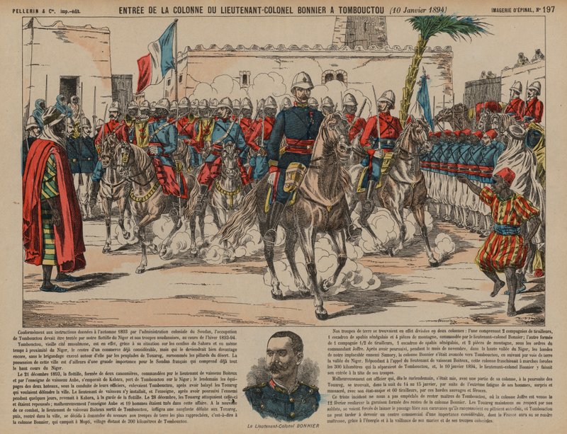 Französische Truppen unter dem Kommando von Oberstleutnant Eugene Bonnier betreten Timbuktu von French School