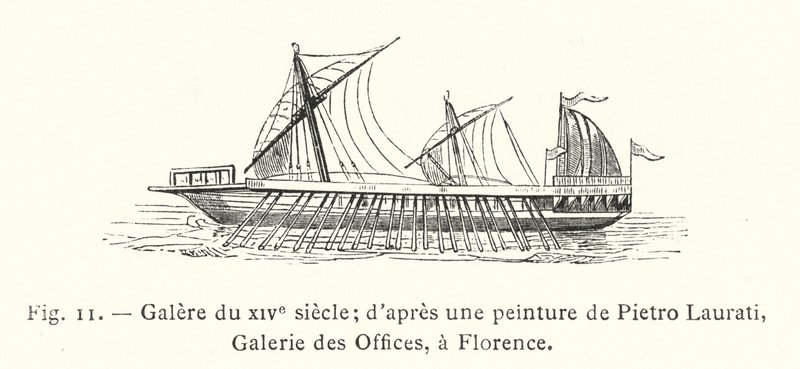 Galeere des 14. Jahrhunderts; nach einem Gemälde von Pietro Laurati, Uffizien-Galerie, Florenz von French School