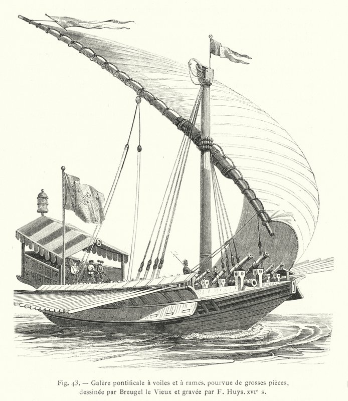 Päpstliche Galeere mit Segeln und Rudern, ausgestattet mit großen Geschützen, gezeichnet von Breugel dem Älteren und gestochen von F. Huys, 16. Jahrhundert (Gravur) von French School
