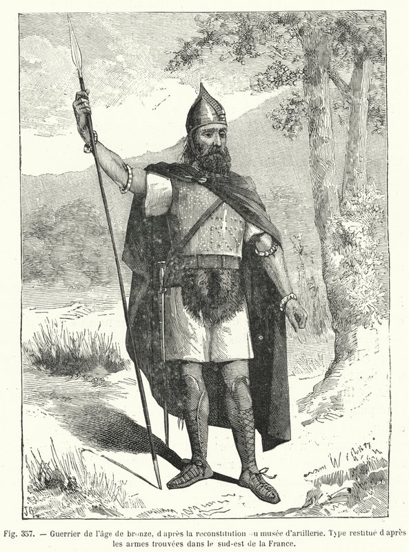 Krieger aus der Bronzezeit nach der Rekonstruktion des Artilleriemuseums (Gravur) von French School