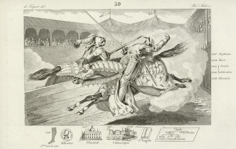 Heinrich II. von Frankreich wird bei einem Turnier mit Gabriel Montgomery, Hauptmann der schottischen Garde des Königs, tödlich verwundet, 1559 von French School