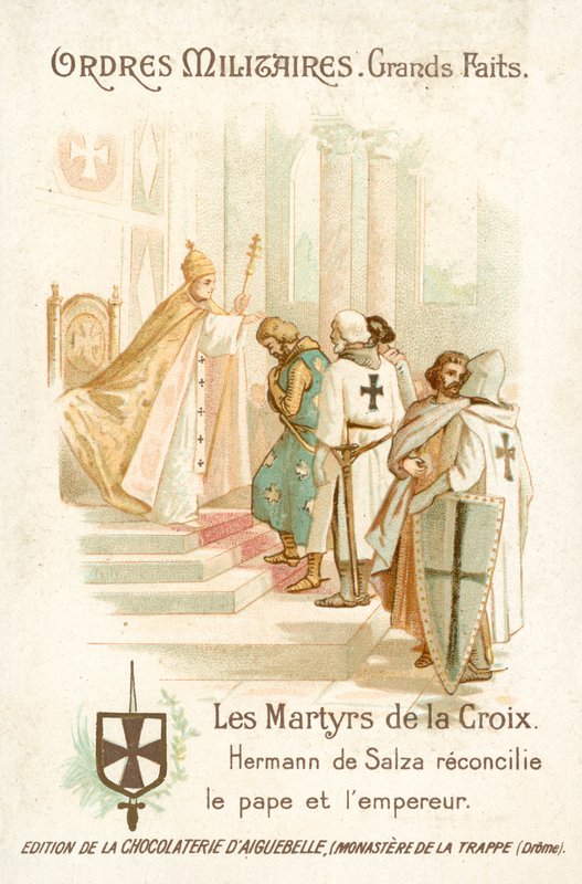 Hermann von Salza, Hochmeister des Deutschen Ordens, vermittelt eine Versöhnung zwischen Papst Gregor IX. und Kaiser Friedrich II. von French School