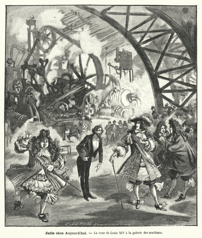 Imaginierter Besuch von König Ludwig XIV. und seinem Hof im Maschinenpavillon auf der Weltausstellung in Paris 1889 von French School