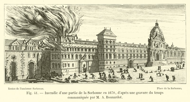 Brand eines Teils der Sorbonne, 1670, nach einem zeitgenössischen Stich, mitgeteilt von M. A. Bonnardot von French School