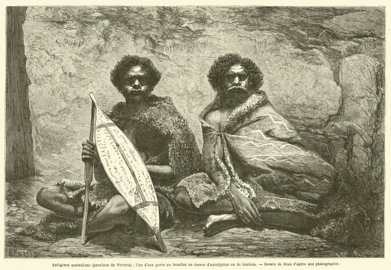 Australische Ureinwohner (Provinz Victoria); einer von ihnen trägt einen Schild aus Eukalyptus- oder Banksia-Rinde (Gravur) von French School