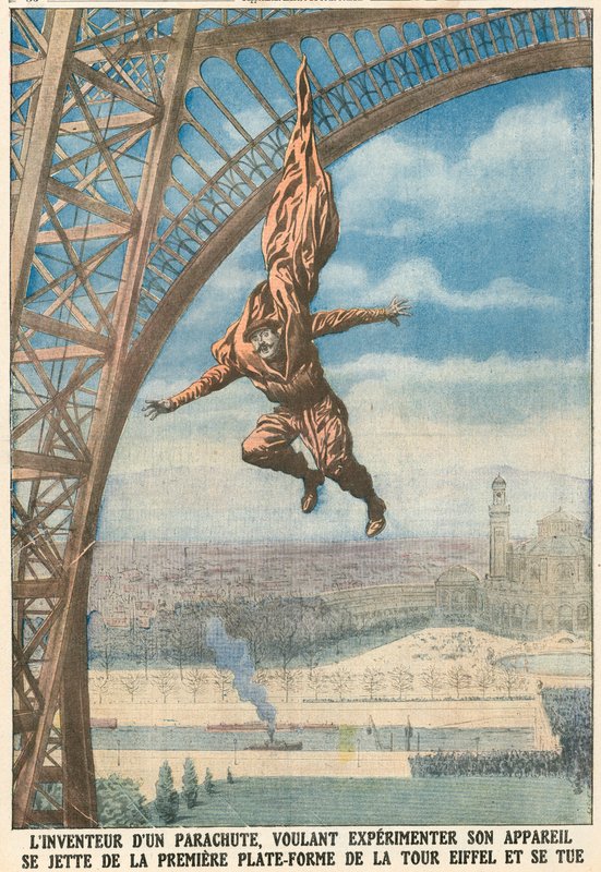 Erfinder eines Fallschirms springt vom Eiffelturm von French School